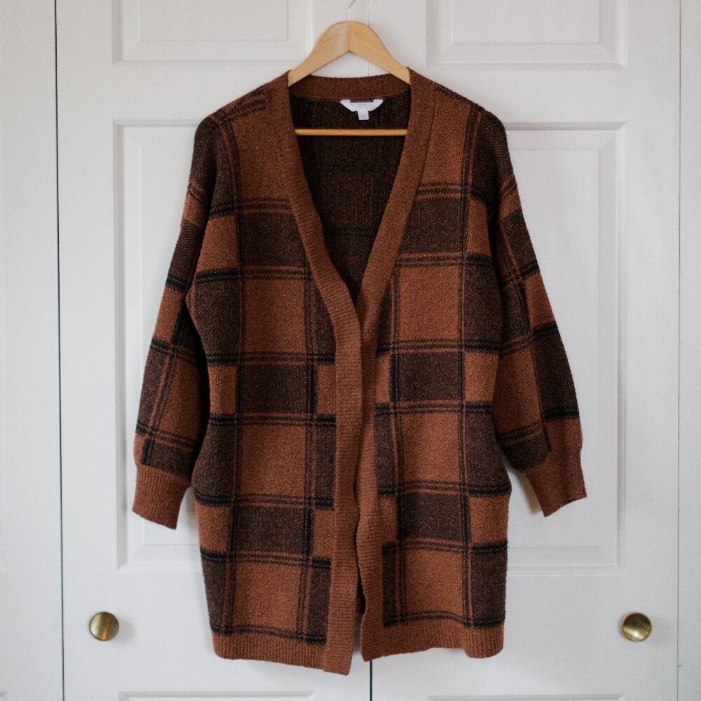 Time and True Brown Checkered Cardigan with Pockets